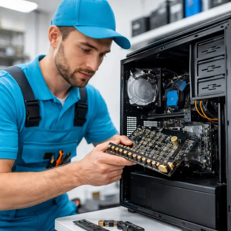 Мастер устанавливает звуковую карту на ПК в Алабино